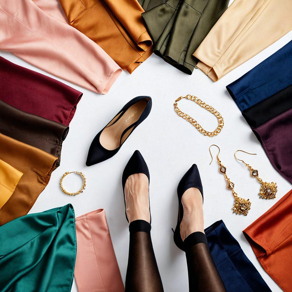 A stylish flat lay of various luxurious yet affordable nylons in rich colors and textures, complemented by chic accessories like designer shoes and elegant jewelry. Soft lighting highlights the comfort and sophistication of the fabrics, with a plush background to evoke a sense of lavishness and style. Include hints of a modern wardrobe setting, such as a stylish hanger or a fashionable bag. warm tones, vibrant colors, soft focus.